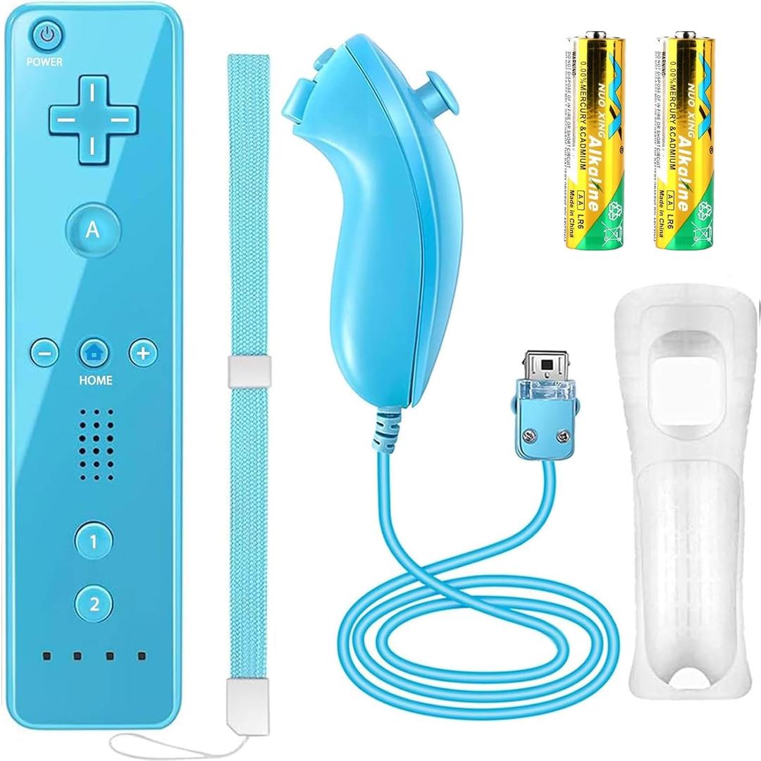 YOVONAZE Compatible with Nintendo Wii Controller, Wii Remote with Nunchuck and Nunchuck Controller with Silicone Case and Wrist Strap for Wii and Wii U, Included 2 AA Batteries (Blue)