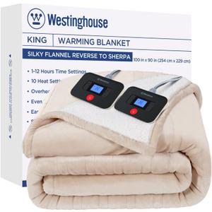 Westinghouse Electric Blanket King, Heated Blanket King Size with 10 Heating Levels and 1 to 12 Hours Heating Time Settings, Flannel to Sherpa Reversible, Machine Washable (90" x 100", Beige)