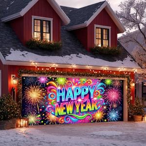 13x6ft Happy New Year Garage Door Banner Colorful Backdrop New Year Celebration Garage Door Cover Decoration for New Year's Eve Party Indoor Outdoor House Wall Background Decor