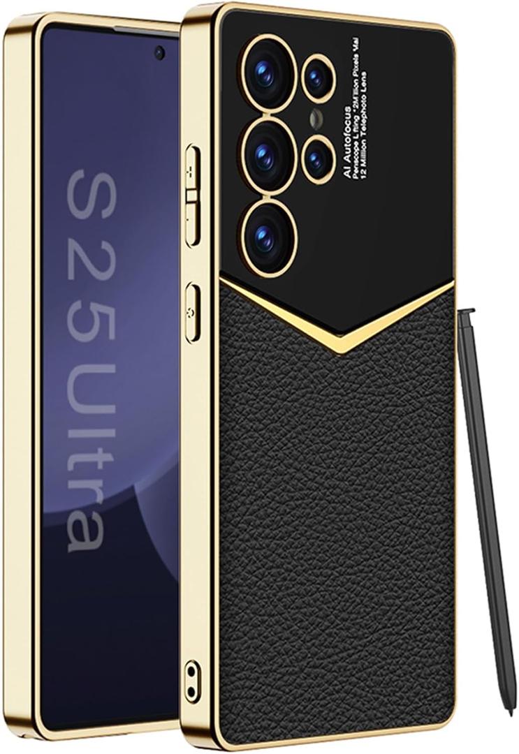 Leather Case for Samsung Galaxy S25 Ultra with Electroplated Frame, Vintage Luxury PU Non-Slip Grip Shockproof Full Body Protective Cover Phone Cases for Samsung Galaxy S25 Ultra 5G (Black)