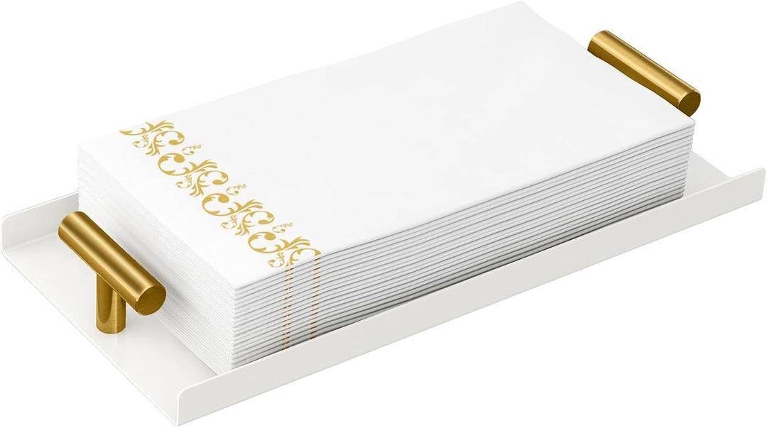 STWWO Napkin Holder for Bathroom, Guest Towel Holder Tray for Bathroom, White Guest Napkin Holders with Golden THandle, Disposable Hand Towel Tray for Guest Room, Table, Kitchen