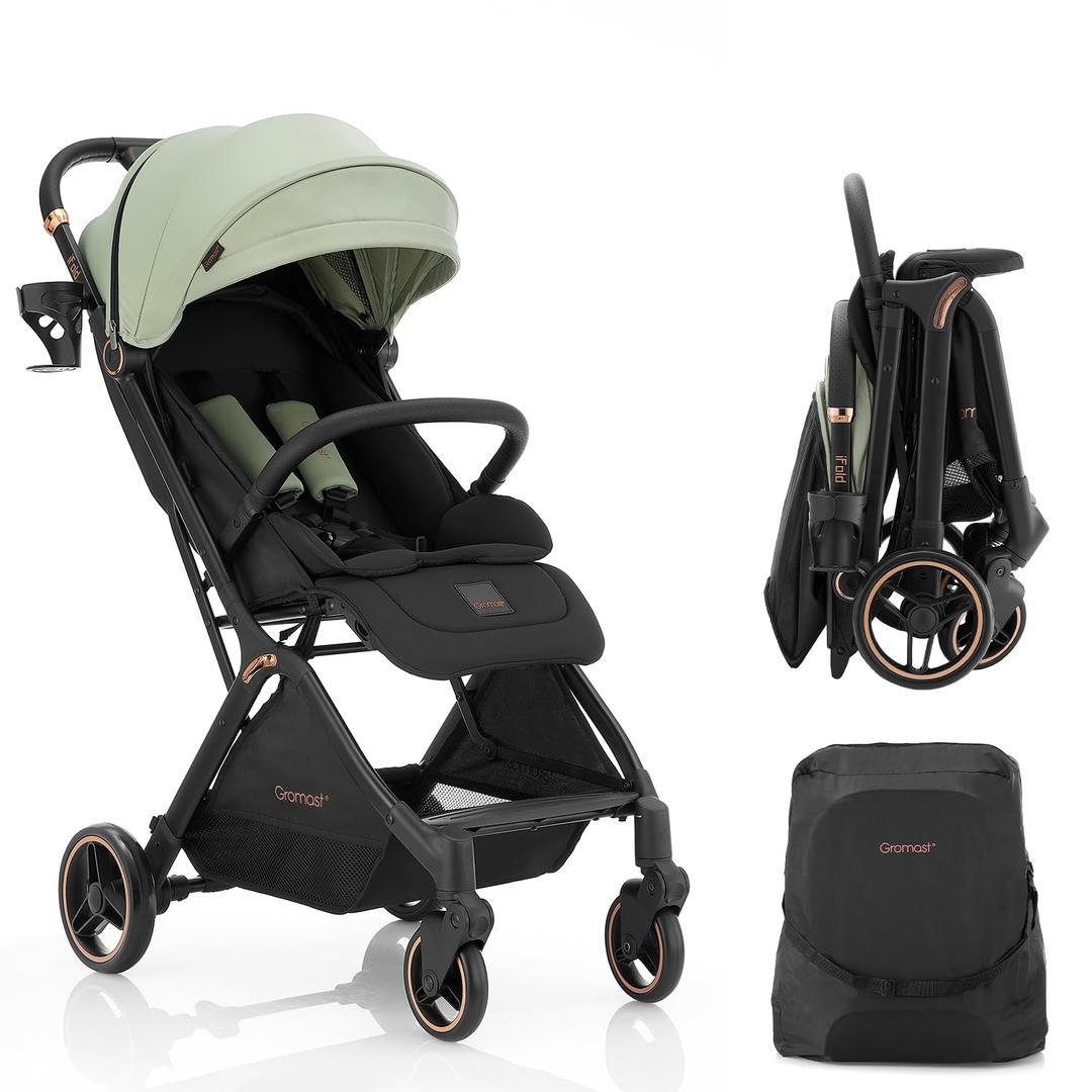 Gromast Gravity Folding Baby Stroller - Portable Travel Toddler Stroller w/Adjustable Backrest, Canopy & Cup Holder, Lightweight and UV Protected, One-Hand Automatic Folding