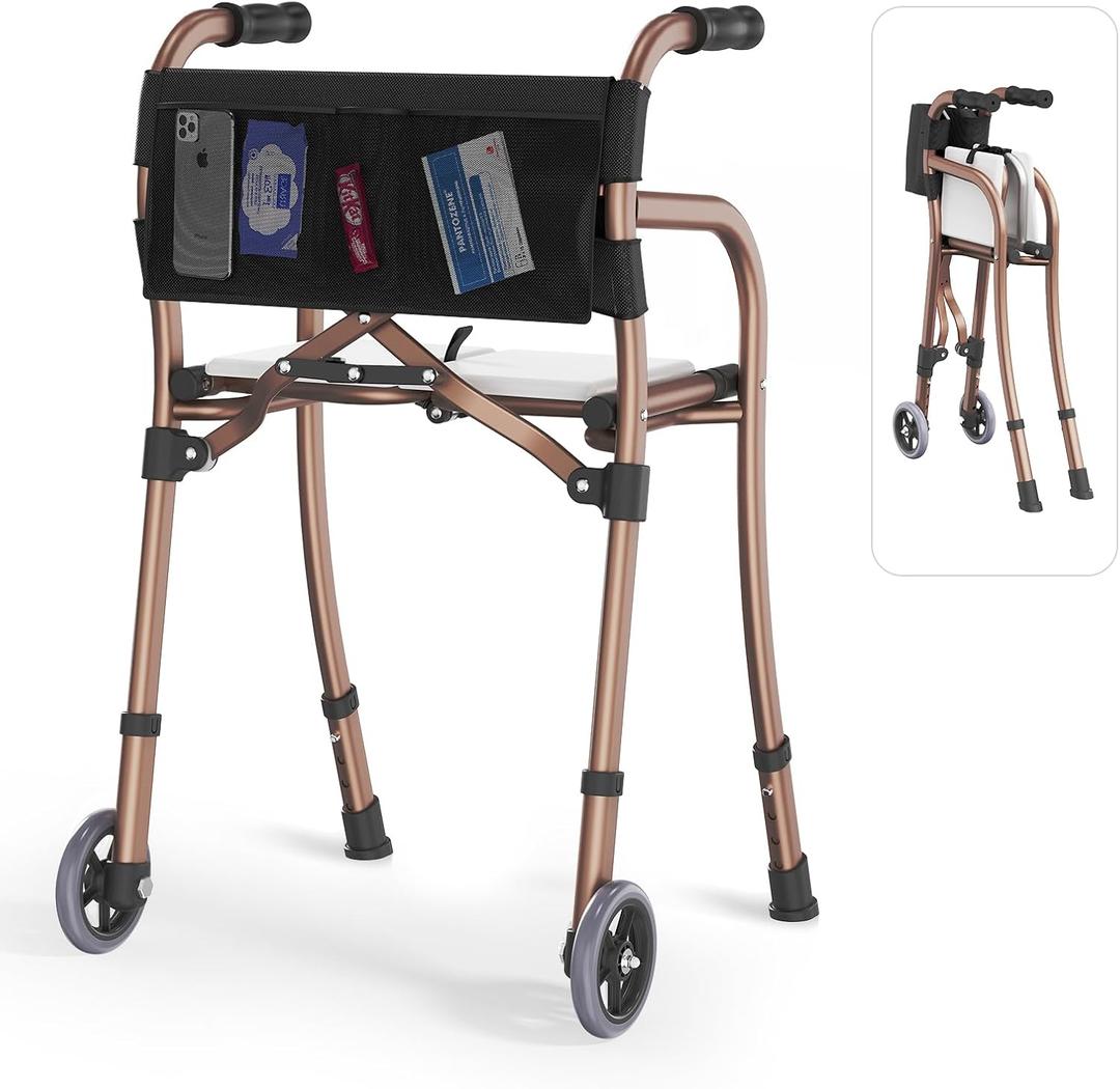 Narrow Walkers for Seniors with Seat, Lightweight Folding Space Saver Mobility Rolling Walker,Height Adjustable Standard Walker with Aluminum Frame, 5-inch Wheels, Compact Travel Walker (Bronze)