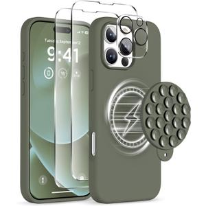 Magnetic for iPhone 16 Pro Case, Compatible with Magsafe, Suction Cup Phone Mount, 2 Screen Protectors - Camera Protector, Silicone Shockproof Protective Phone Cover 6.3", Olive Green