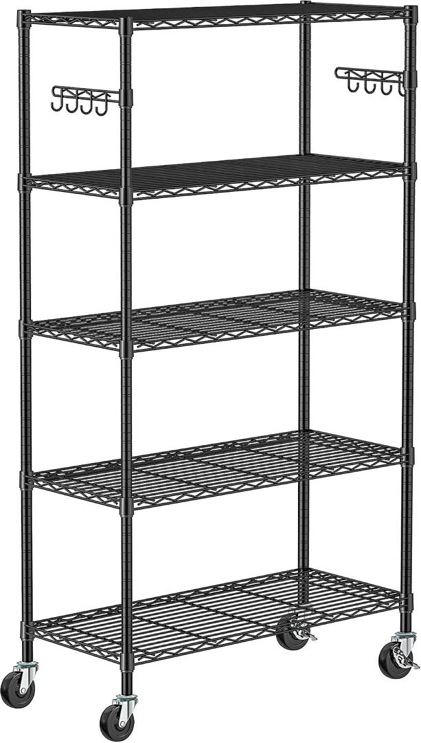 Folews 5 Tier Storage Shelves with Wheels - Adjustable Wire Shelving Unit Metal Shelves for Storage Rolling Utility Shelf Organizer Rack for Kitchen Garage Pantry Closet Laundry(14D x 36W x 75H)