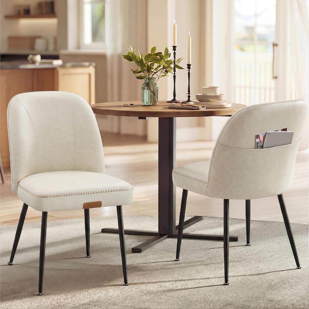 VASAGLE EKHO Collection - Dining Chairs Set of 2, Upholstered Kitchen Chairs, Comfortable Seat, Synthetic Leather with Stitching, Mid-Century Modern, Easy Assembly, with Storage Pocket, Cream White