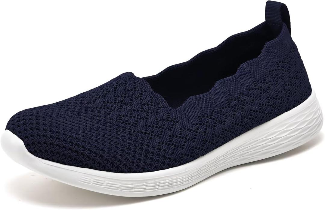 Puxowe Women's Walking Slip on Shoes, Knit Comfortable Slip Resistant Shoes for Women, Lightweight Breathable Low-Top Casual Fashion Sneakers Wide Navy Size 6.5 US