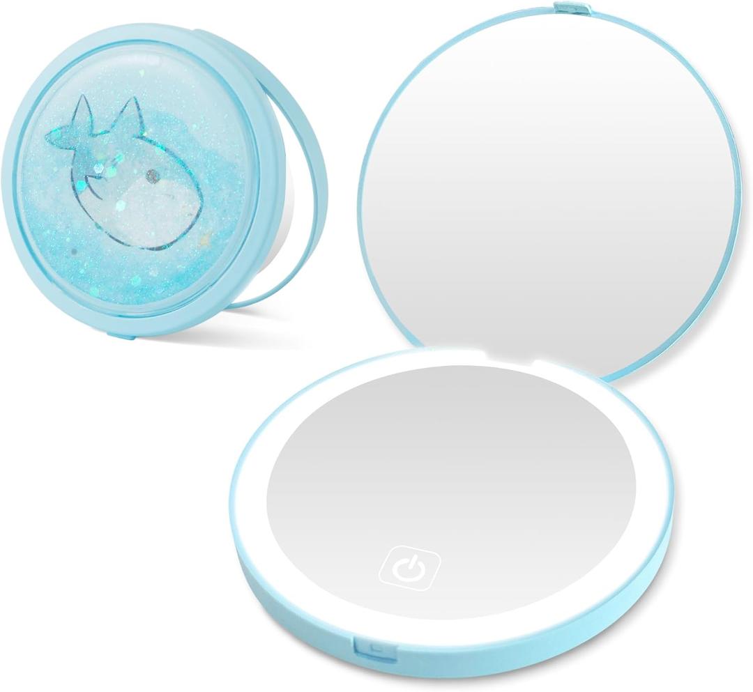 3 x Small Compact Mirror with Light, 1X/3X Magnification Travel Makeup Mirror, 3 Color, Dimmable Up, 3.14 inch Pocket Mirror, Folding, 2-Sided, Round Quicksand Mini MirrorBlue