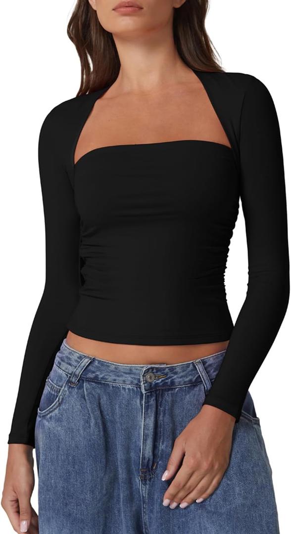 QINSEN Long Sleeve Square Neck Tops for Women Double Lined Side Ruching Going Out Shirts Basic Tee (Black, S)