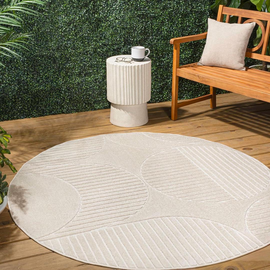 JONATHAN Y Nordby High-Low Arch Striped Ivory/Cream 5' Round Indoor/Outdoor Area Rug, Pet Friendly, Non-Shedding, Stain Resistant, Easy-Cleaning for Backyard, Patio, (SCN104B-5R)