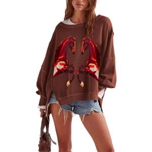TERIVEEK Graphic Horse Sweatshirt Women Oversized Crewneck Vintage Aesthetic Shirts Tops Y2k Drop Shoulder Pullover Sweater Brown (Brown, S)