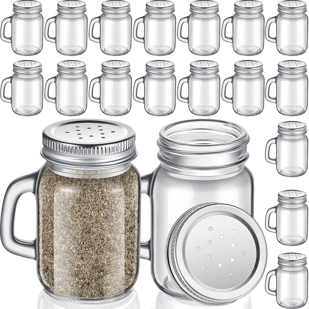 Tessco for you 24 Pcs 4 oz Glass Salt and Pepper Shakers Clear Mason Jar Mini Salt Shakers Farmhouse Kitchen with Metal Lid and Handles for Kitchen Table Wedding Drinkware Home Accessories(Silver)