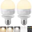 SCOPOW 2Packs E26 Rechargeable Light Bulbs with Remote Control, 5W 350lm Magnetically Battery Operated Light Bulbs 2000mAh, 3 Color Temperature, Timer, Dimmer for Non-Hardwired Lamp