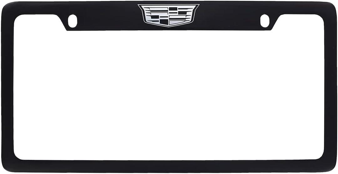 Cadillac Crest Metal License Plate Frame Tag Holder - Black Powder Coated with Exposed Chrome
