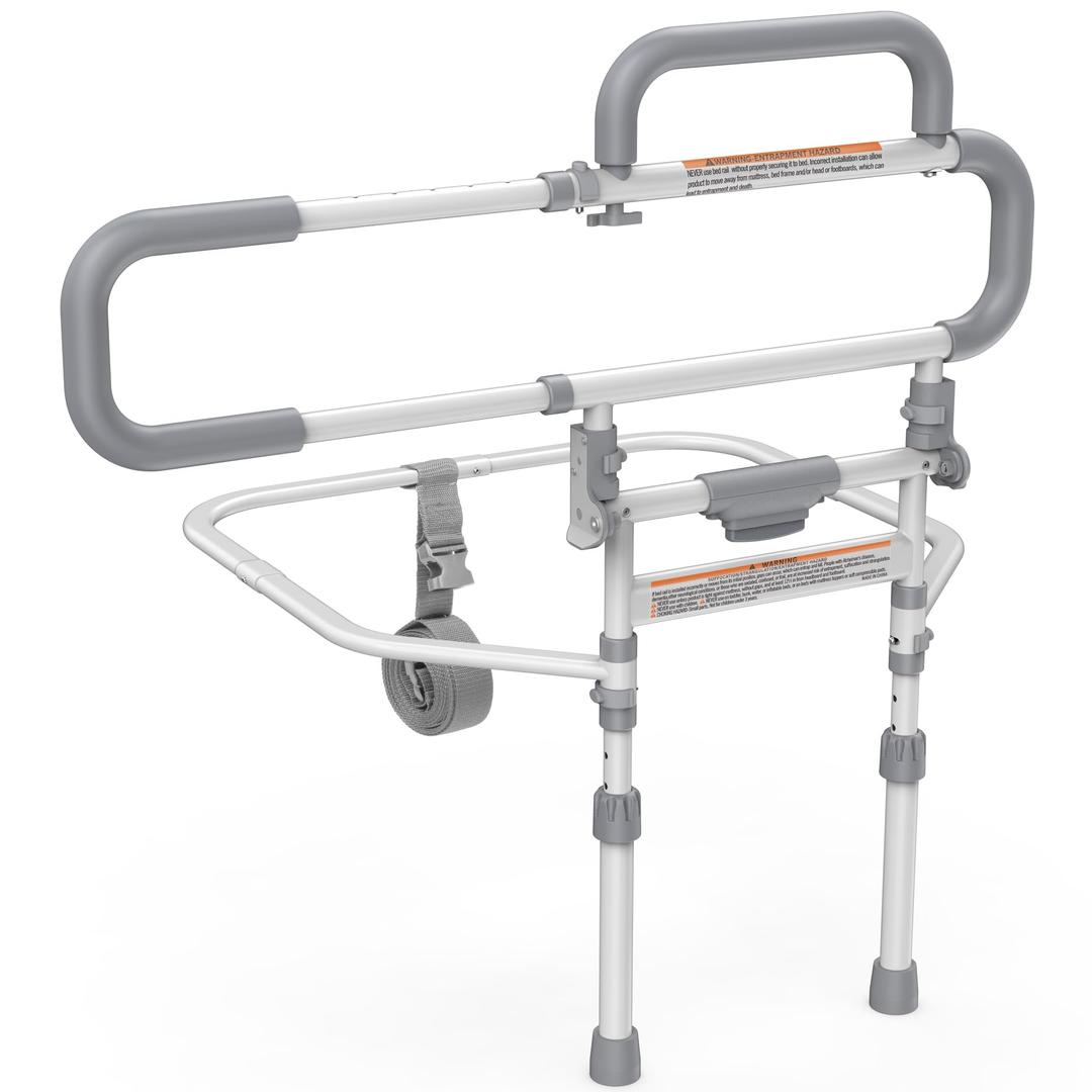 Lemagalu Heavy Duty Bed Rails for Elderly Adults Safety-Foldable Bed Rail for Senior with Adjustable Heights Fits All Bed Sizes，Bed Handle Bedside Assist with Pocket -504M (Lvory and Gray)