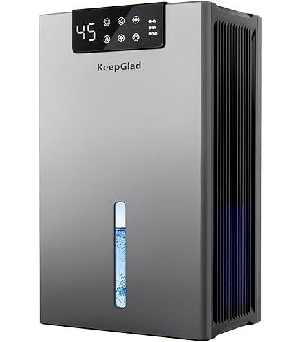 KeepGlad Dehumidifier, 98OZ Dehumidifiers for Home(1000sq.ft), Humidity Display Dehumidifier for Basement Bathroom Bedroom, Auto Shut Off, Washable Filter, Drain Hose, Timer, 7 Ambient Lights, Gray