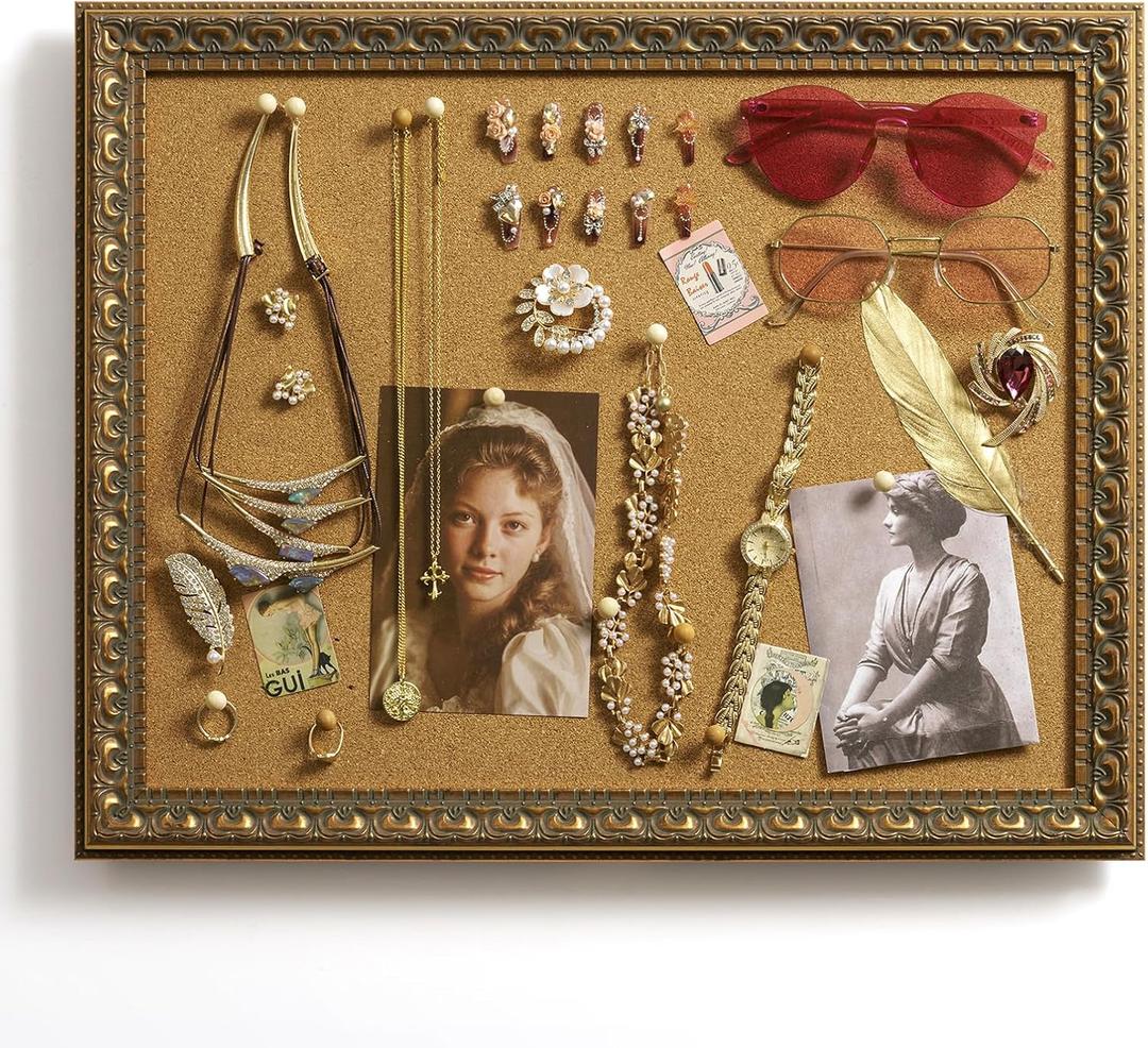 Cork Bulletin Board 16x20 with Vintage Gold Ornate Frame, Decorative Framed Pin Notice Board for Memo Family Calendar Schedules Recipes, Antique Wall Decor for Classroom Home Office Kitchen