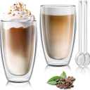 Joeyan 13.5oz Large Double Wall Glass Coffee Mugs with Spoon Set of 2- Insulated Thermal Latte Glasses for Hot or Cold Drinks- Clear Glass Coffee Cup for Espresso Ice Tea Cappuccino Macchiato Juice