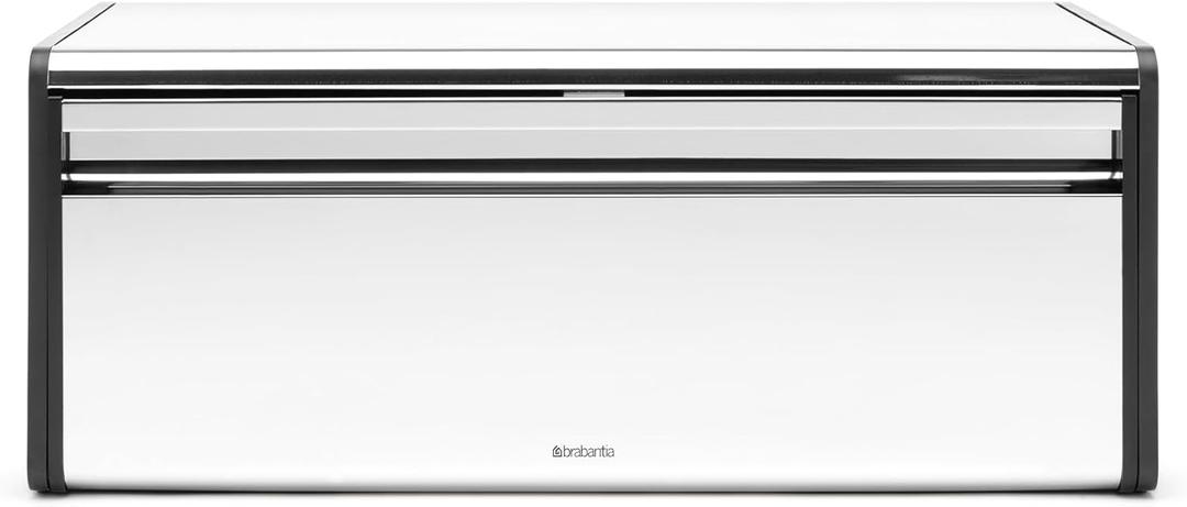 Brabantia Rectangular Fall Front Bread Box (Brilliant Steel) Large Front Opening Flat Top Bread Store for Kitchen Counter, Fits 2 Loaves