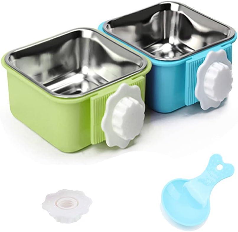 Luck Dawn Crate Dog Bowl, Stainless Steel Removable Hanging Food Water Bowl Crate Coop Cup,Pet Cage Bowls with Bolt Holder for Dog, Puppy, Cat, Rabbit, Bird,Small Animals (Large (Pack of 2)) (Blue+Green)