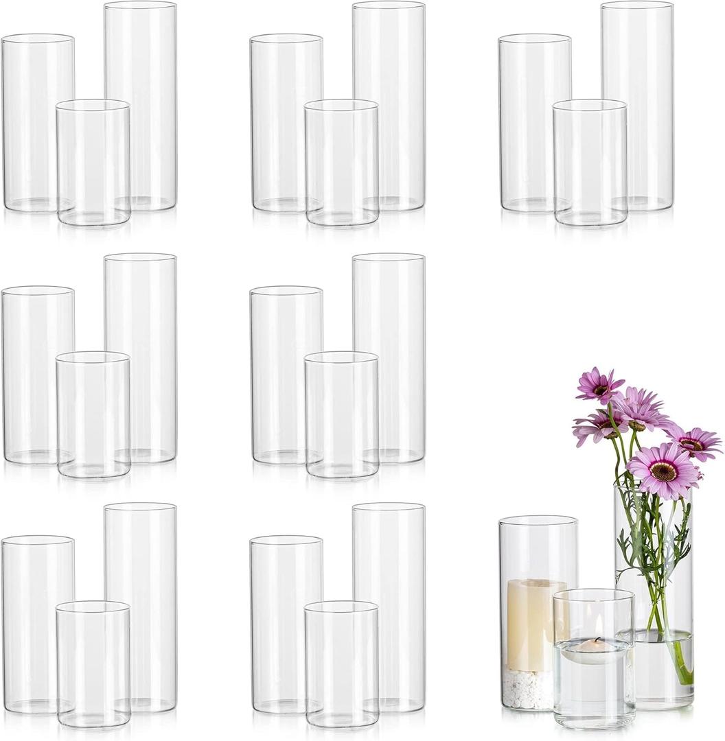 Glasseam Clear Cylinder Vases Set, 24Pcs Glass Vases for Centerpieces Bulk, Modern 2" Floating Candle Centerpieces for Decor, Hurricane Candle Holders for Wedding Table Decorations, Tall 4"+6"+8"