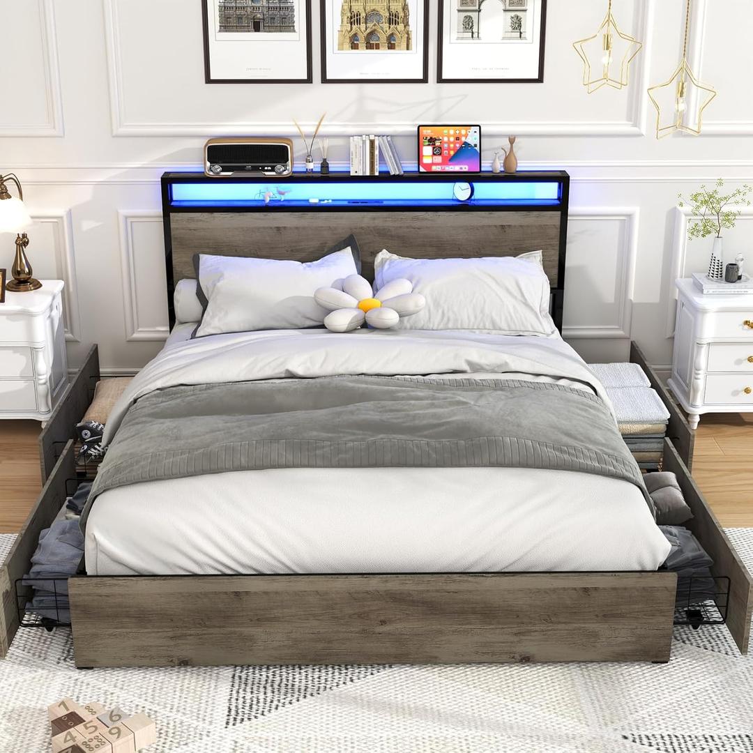 Kiivakii Queen Size Bed Frame with 4 Storage Drawers, LED Platform Bed with Headboard, Built in Charging Station, Noise Free, Stable and Solid, No Box Spring Needed, Gray