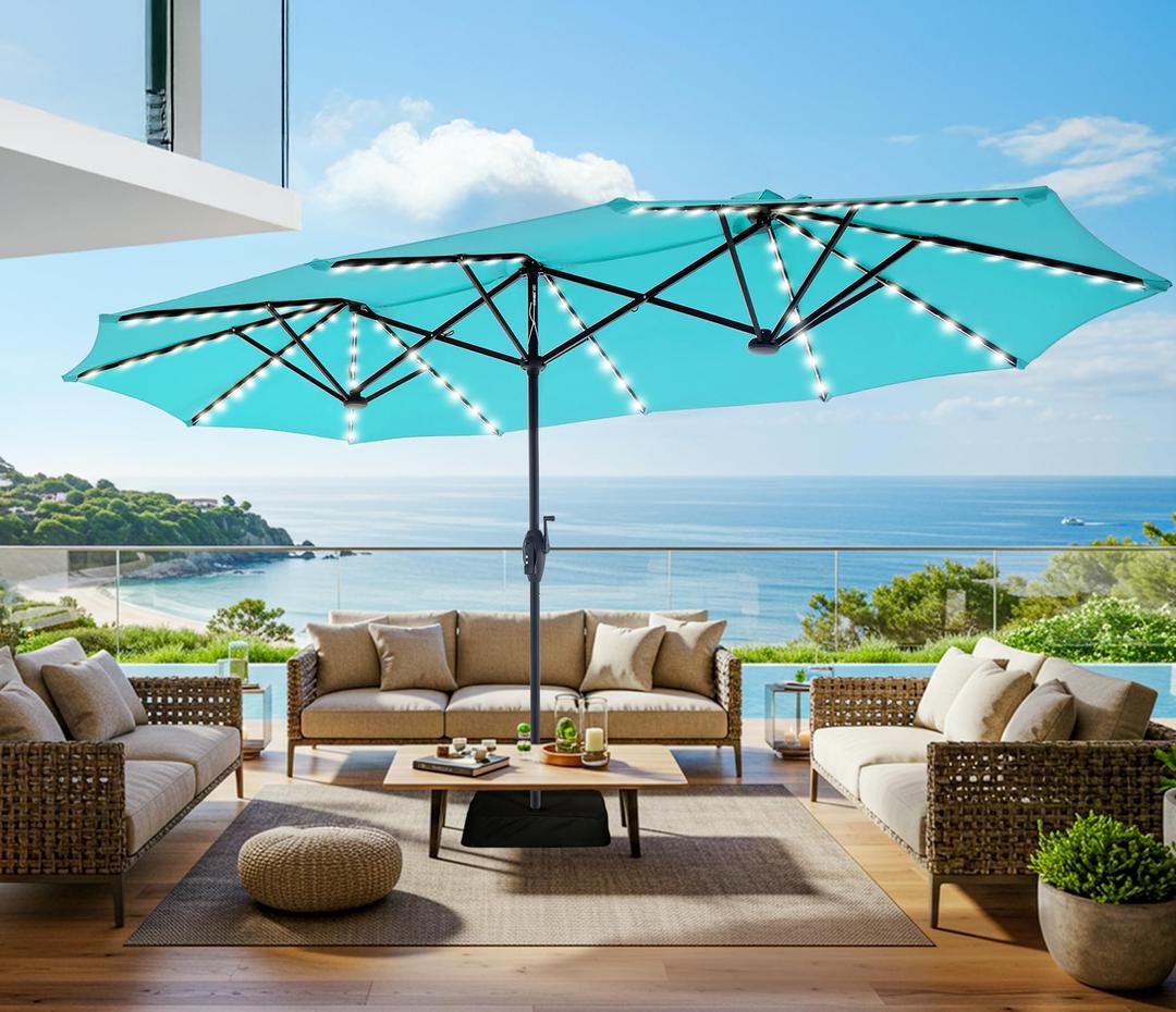 SUPERJARE 13ft Outdoor Patio Umbrella with Solar Lights, Double-sided Deck Pool Umbrella with 1.5 Inch Pole, Fade Resistant Canopy, 12 Sturdy Ribs, for Porch, Market, Backyard, Light Blue (No Base)