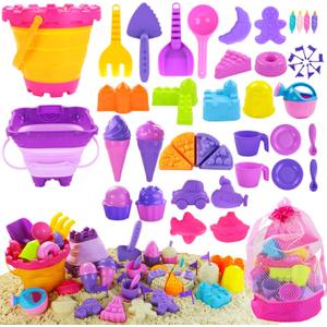 Elovien Beach Sand Toys, 50Pcs Sandbox Toys with 2 Collapsible Buckets, Mesh Backpack Bag, Shovels, Ice Cream, Cake & Castle Sand Molds, Summer Outdoor Travel Toys for Kids Toddlers Girls