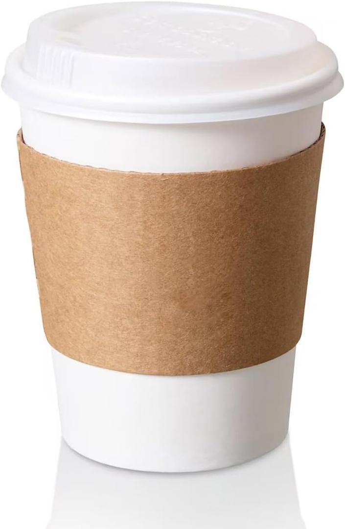 KTOB [50 pack 12 oz Compostable PLA Coffee Cups with Lids and Kraft Sleeves, Eco Friendly Disposable White Paper Cups Combo for Hot Beverage