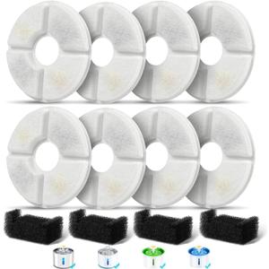Filters Replacements for Flower Automatic Pet Fountains, Cat and Dog Water Fountain Replacement Parts, Cat Water Fountain Filters for 81oz/2.4L Round Fountains (8 Filters+4 Sponges)