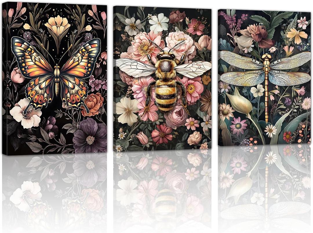 WENGTIAO 3Pcs Vintage Insect Canvas Wall Art Gothic Dark Flower Prints Bee Butterfly Dragonfly Pictures Nature Plant Paintings Artwork for Living Room Bathroom Bedroom 16x24x3