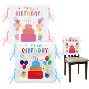 Tudomro 2 Pieces Birthday Chair Cover for Classroom It's My Birthday Chair Cover with Ribbons Cupcake Seat Back Decor for Kids Office Classroom School Home Dining Party Decor(Blue, Pink)