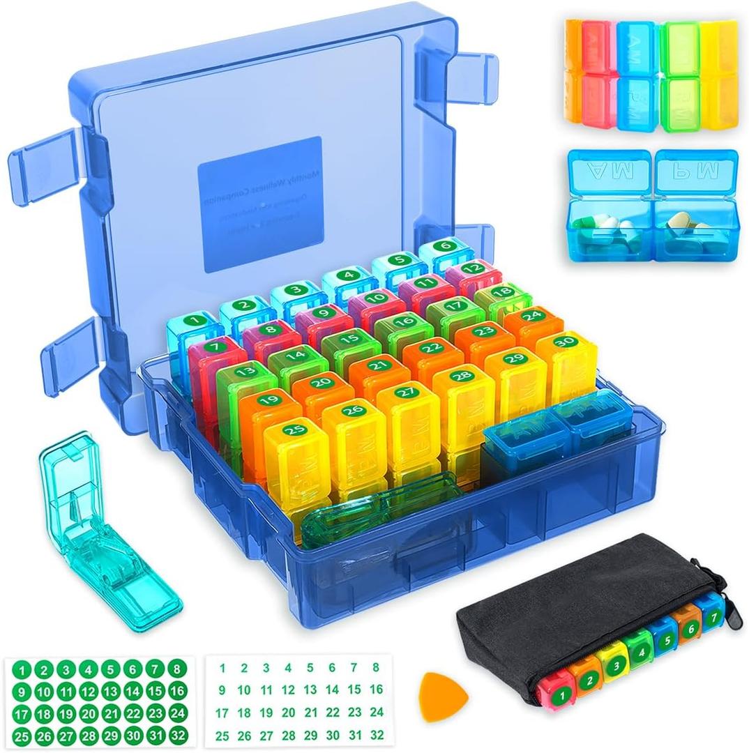 Monthly Pill Organizer 2 Times a Day, Portable AM PM Pill Box with Weekly Travel Bag, Large Capacity Medicine Organizer with Labels, 30 Day Pill Case & Pill Cutter for Medication Management (Blue)