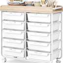 10 Drawers Rolling Cart with Wooden Tabletop, Utility Storage Cart with Wheels, Art Supply Craft Organizer on Wheel with Metal Frame & Handles for Home Office School (Pure White)