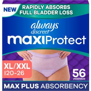 Always Discreet MaxiProtect Adult Diapers for Women, Incontinence Underwear, Scented, Postpartum Essentials, Bladder Leak Protection, Disposable Briefs, Maximum Plus Absorbency, Size XL/XXL, 56 Count
