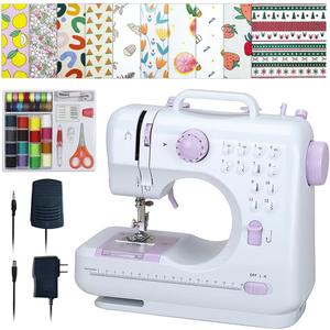 Sewing Machine for Beginners,Portable Sewing Machine with 12 Built-in Stitches,2 Speed(High-Low Speeds),2 Power Supply Method,20 Pcs Fabric and 32 Pcs Sewing Threads Kit,- (White and Purple)