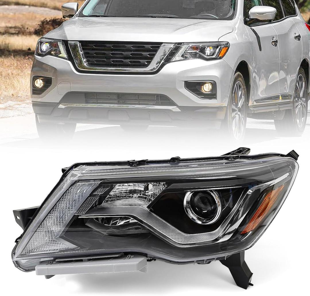 Huray Left Halogen Headlight Assembly Fit for Nissan Pathfinder 2017-2020 LH w/LED DRL Projector Headlamp OE Factory Head Light Replacement for NI2502252 114-60864L Driver Side