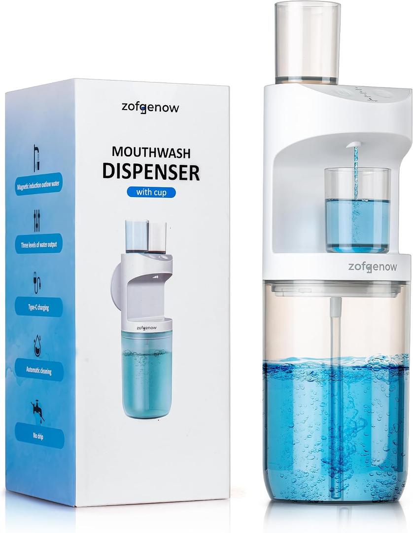 ZOFGENOW Automatic Mouthwash Dispenser for Bathroom,Bathroom Accessories 19.4 Fl Oz Dispensers with Magnetic Cups,Wall Mounted Dispenser,Suitable for All Age Groups,White