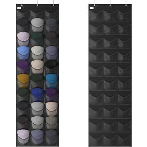 Baseball Hat Rack, 30 Pocket Over-The-Door Hat Organizer with Clear Deep Pockets to Display Baseball Caps Collection, Complete with 3 Over Door Hooks (Black, 30 Pockets)