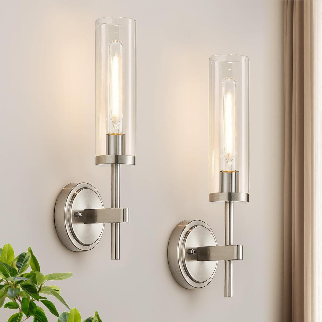 MOKATNG Wall Sconces Set of Two, Brushed Nickel Bathroom Sconces with Clear Glass, Hardwired Sconces Wall Decor Set of 2, Modern Wall Light Fixtures for Bathroom Mirror Living Room Bedroom Hallway