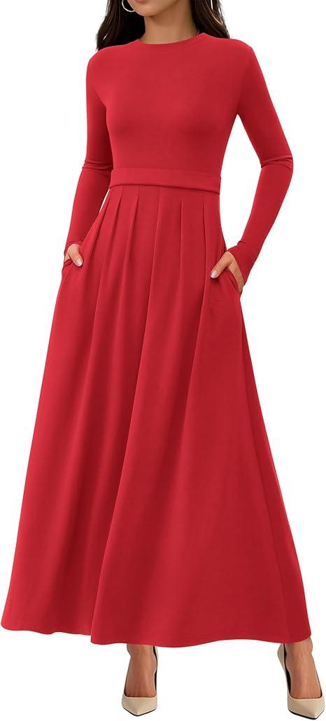 BTFBM Long Sleeve Dress for Women Spring Clothes 2026 Pockets Business Casual Pleated Fall Wedding Guest Dresses