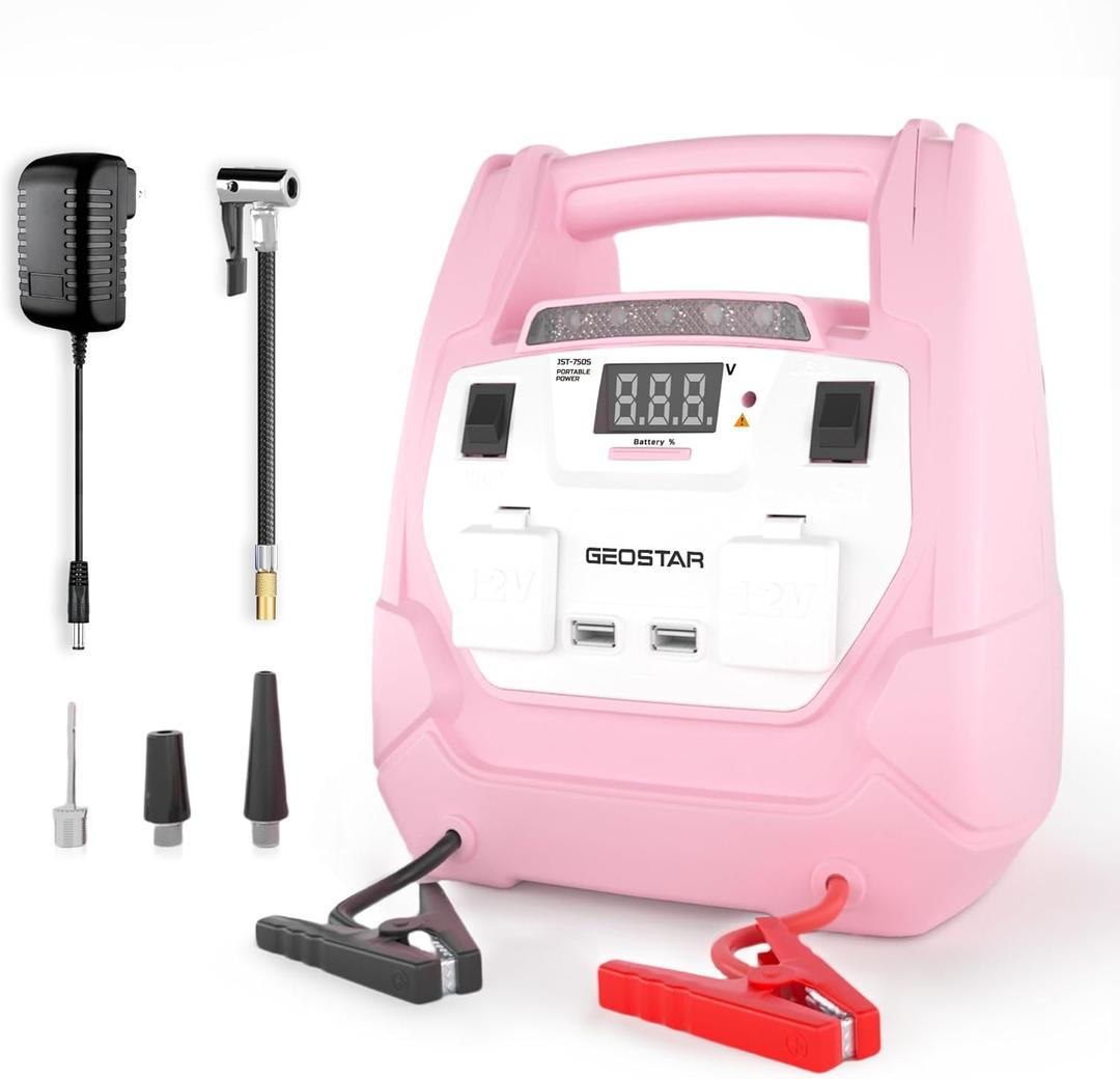 GEOSTAR 4-in-1 Pink Jump Starter with Air Compressor 150PSI, 750A Portable Battery for 8.0L and 6.0L Engines, with Smart Jumper Cable, 2 USB Ports, 2 DC Ports, LED Light GEOSTAR 4-in-1 Pink Jump Starter with Air Compressor 150PSI, 750A Portable Battery for 8.0L and 6.0L Engines, with Smart Jumper Cable, 2 USB Ports, 2 DC Ports, LED Light