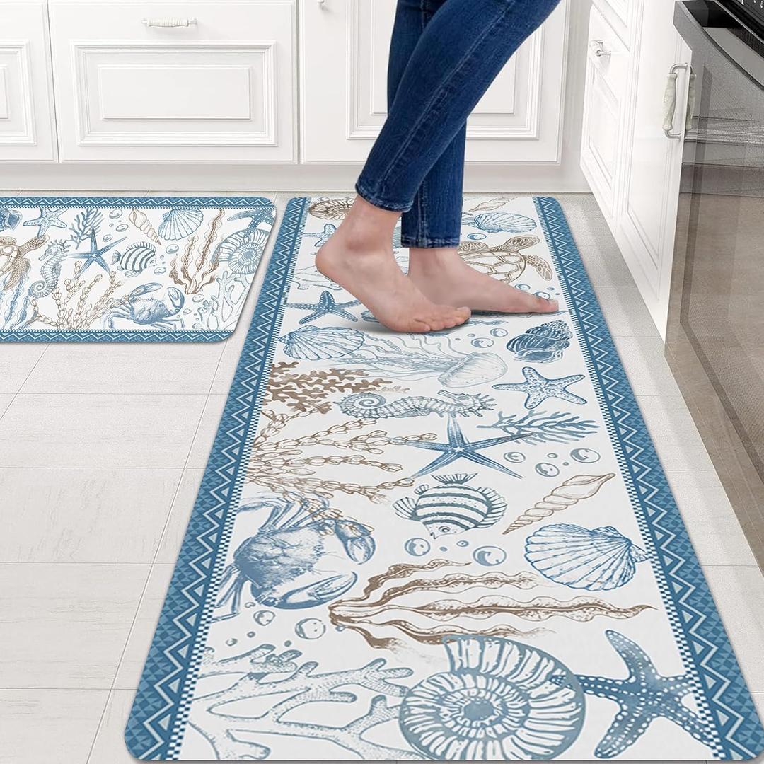 Coastal Beach Rugs for Kitchen Floor, Ocean Themed Coral Anti Fatigue Mats for Kitchen Floor Non Slip, 2PCS Washable Rubber Kitchen Mat for Runner Carpet Rug for Home Office 15.7"27.5" +15.7"47"