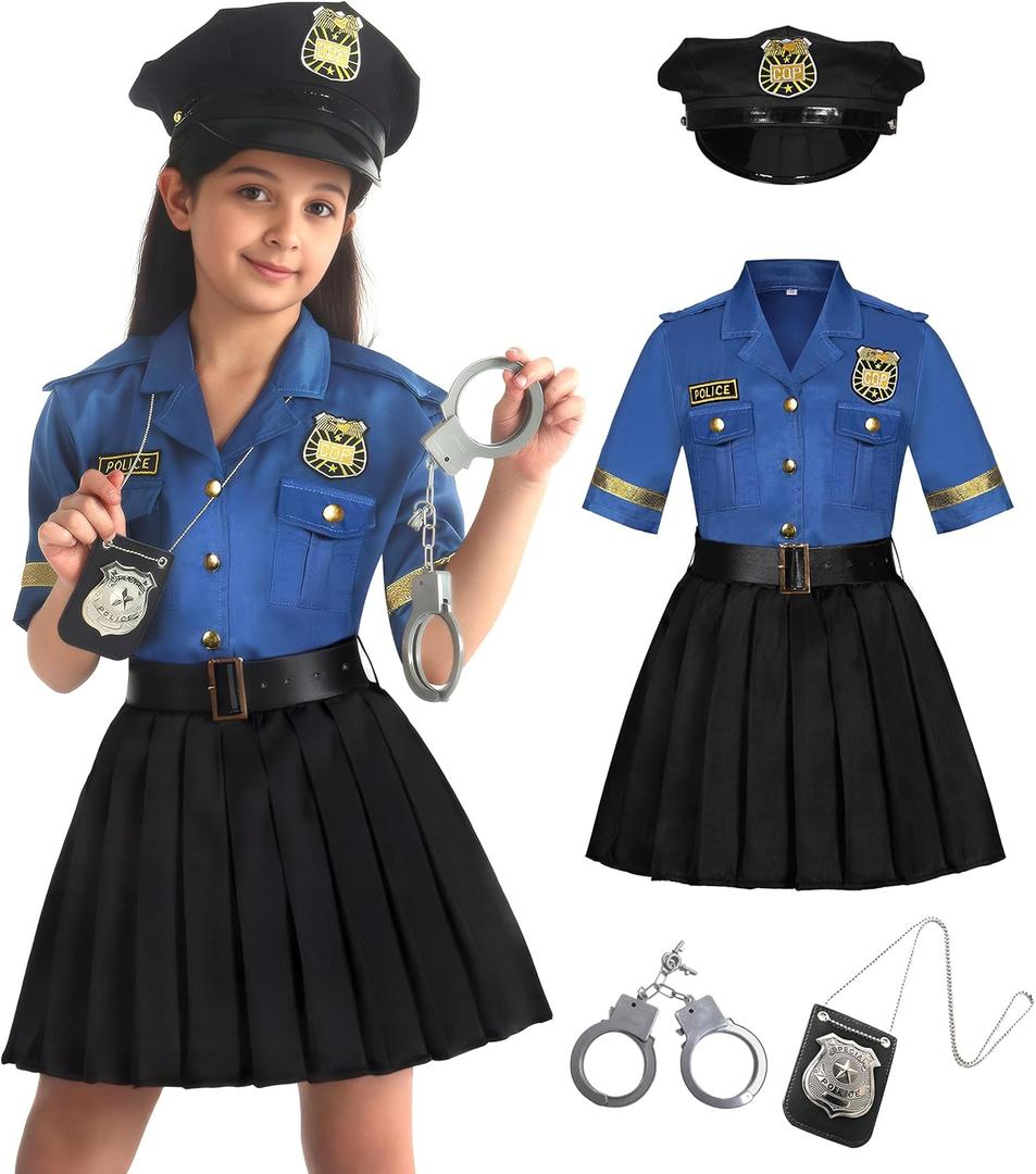 Cuteshower Girls Police Officer Costume Cop Uniform for Halloween Dress Up 3-10Years (5-6 Years, Blue)