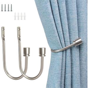 2 x Curtain Holdbacks, 2 Pack Wall Mounted Drapery Tiebacks with Screws, Heavy Duty Metal Decorative Window Drapery Holders, Curtain Holders with U Shape for Home Office, Silver