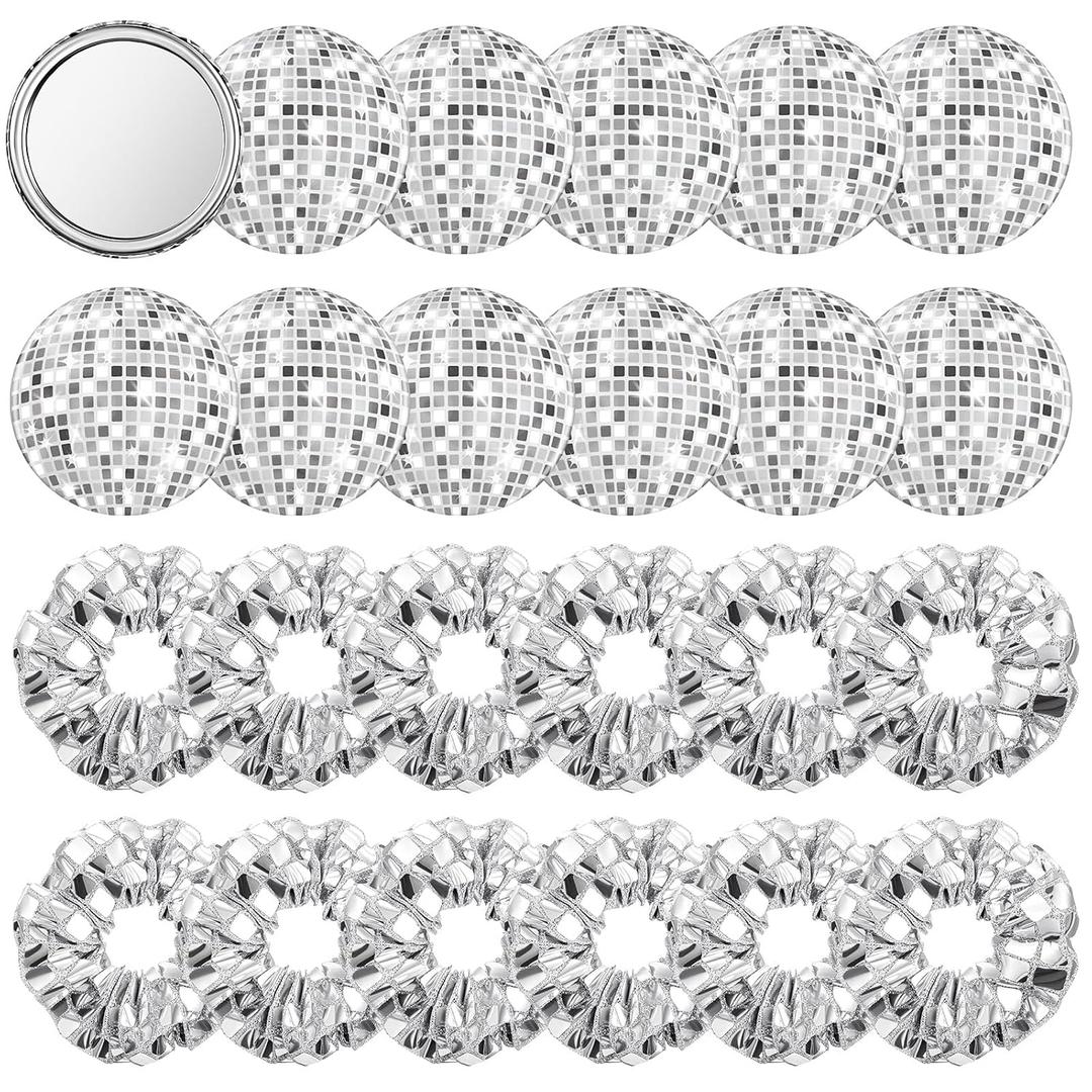24 Pack Disco Party Favors Include 12 Pcs Sequin Hair Scrunchies 12 Pcs Metallic Ball Compact Mirror Disco Ball Accessories for Women 70s 80s 90s Bachelorette Party Bridal Shower Travel Gifts