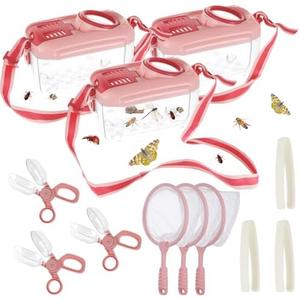 3 Sets Bug Catcher Kit for Kids Outdoor Exploration Kit Kid Summer Toys Nature Explorer Kit Bug Collection Kit with Insect Catcher Box, Butterfly Nets, Tweezers for Kids 3 4 5 6 7 8+ Years Old (Pink)