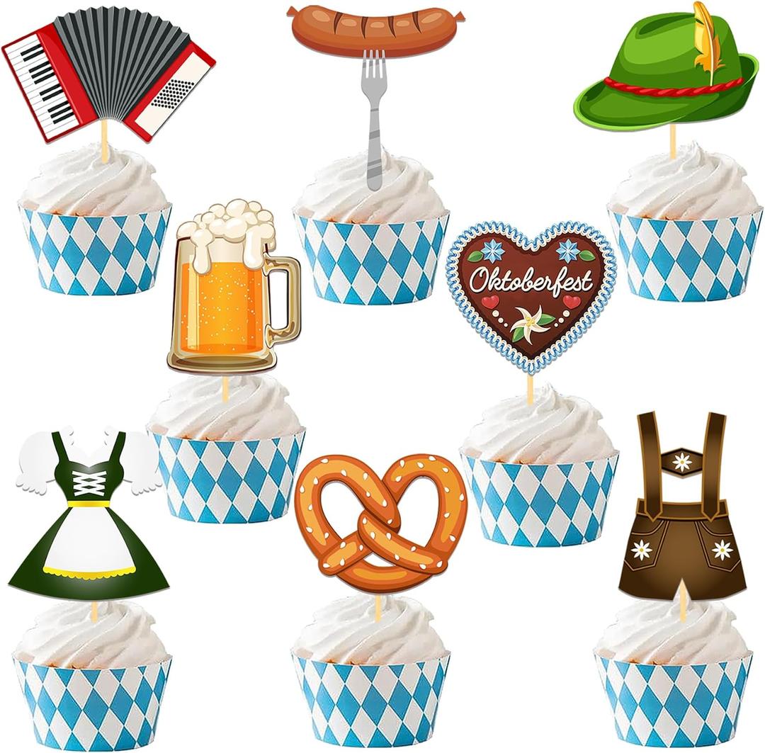 24Pcs Oktoberfest Cupcake Toppers, Beer Day Cake Topper, Bavarian Festival Cake Picks for Beer Theme Party Supplies, Oktoberfest Party Decorations (Oktoberfest B)