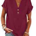ANRABESS Womens Short Sleeve Henley Tops V Neck Dressy Casual Loose Fit Shirts Summer Flowy Blouses 2025 Trendy Clothes Burgundy L