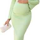 AISWI Off The Shoulder Maternity Dress Bell Sleeves Ruched Bodycon Maxi Elegant Pregnancy Dresses Baby Shower Photoshoot, Size L